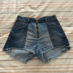 One X One Teaspoon Denim Two Tone Fade Zip Up High Waisted Raw Shorts